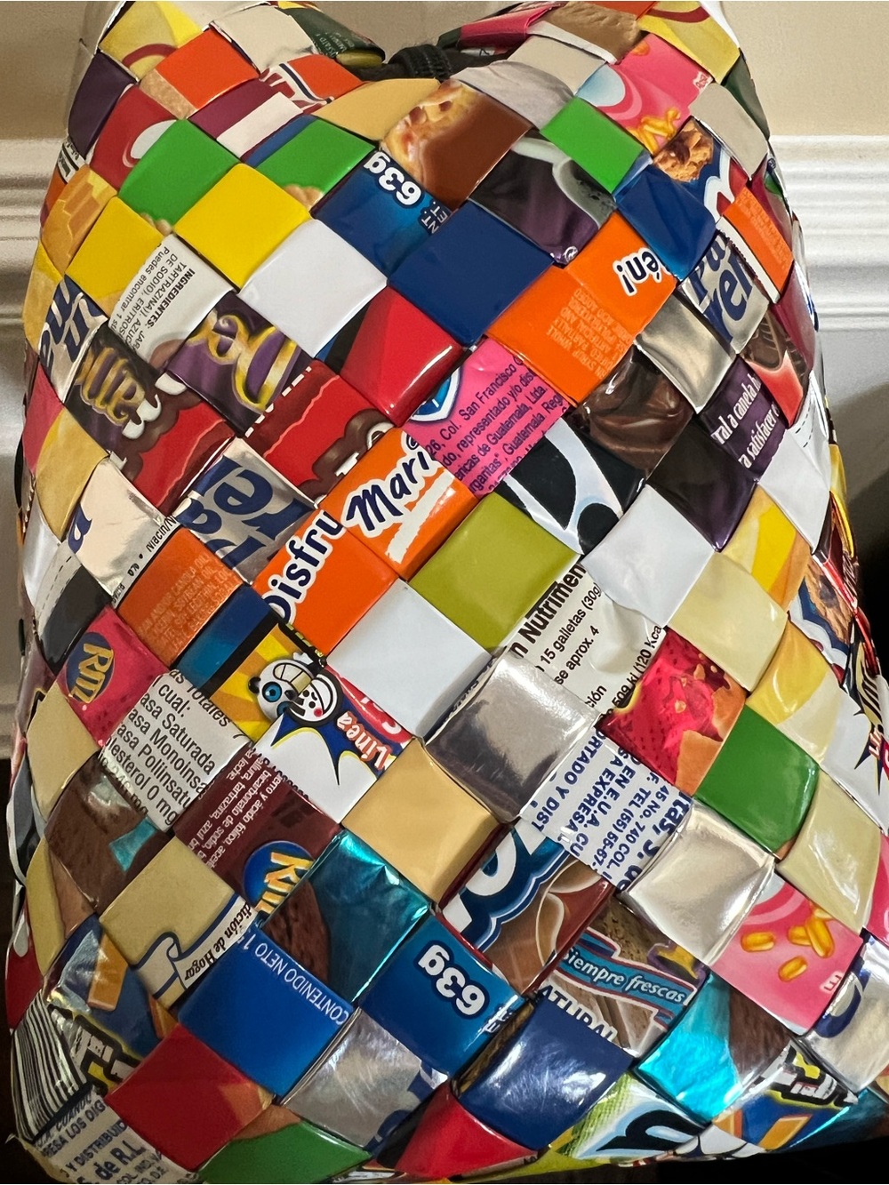 Recycled, Patchwork Hand Woven Candy Wrappers Structured Large Satchel. - Picture 11 of 17